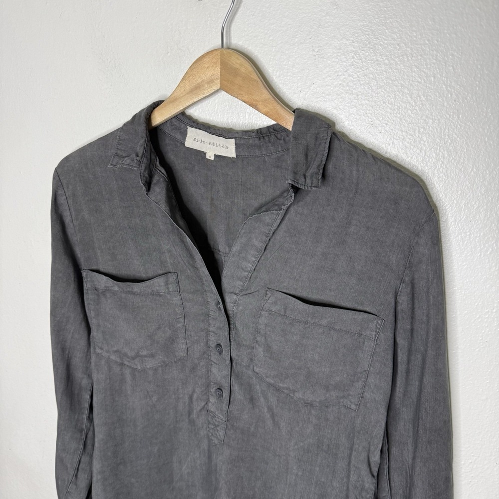 Side Stitch Gray Long Roll Tab Sleeve Tencel Popover Minimalist Womens Small - Picture 2 of 12